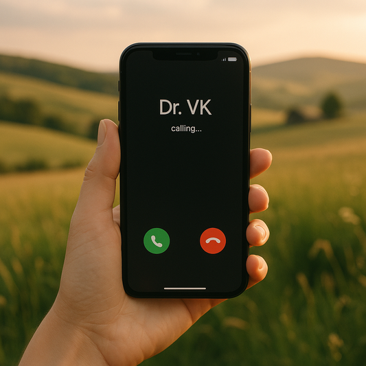 A woman's hand holds a smartphone showing 'Dr. VK calling...' against rolling green farm hills — photoreal product image